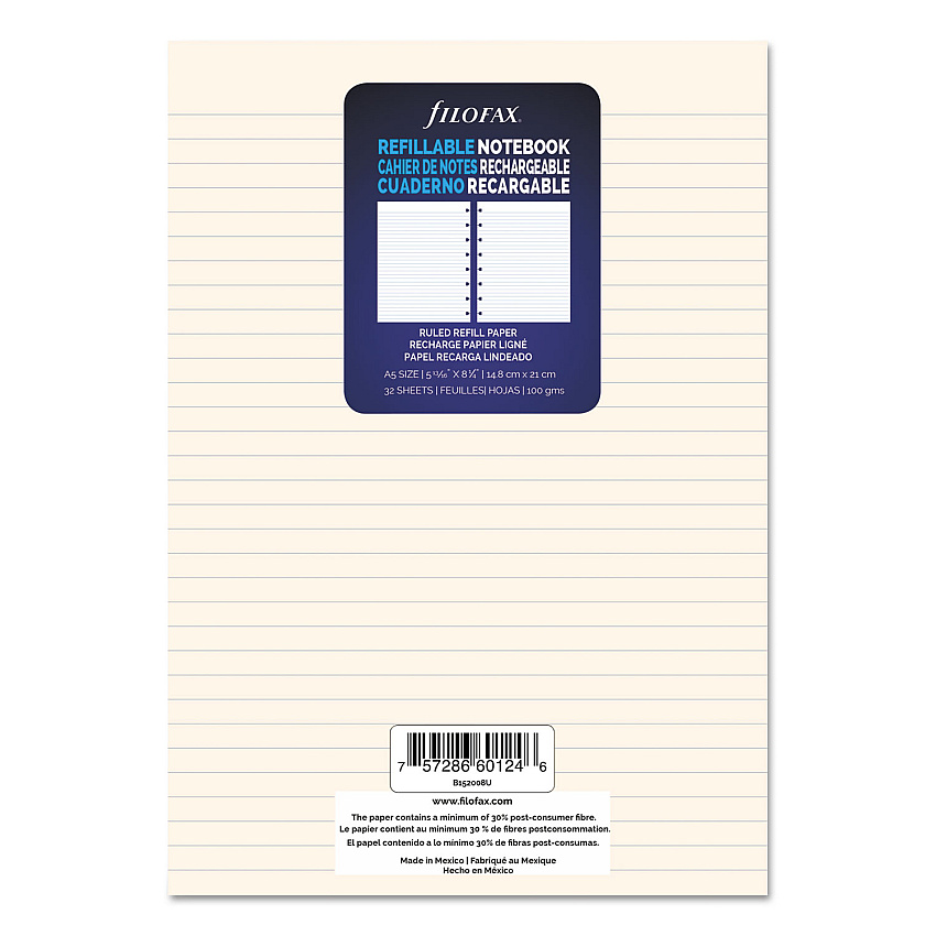 Filofax Notebook Refills, 8-Hole, 8.25 x 5.81, Narrow Rule, 32/Pack (B152008U)