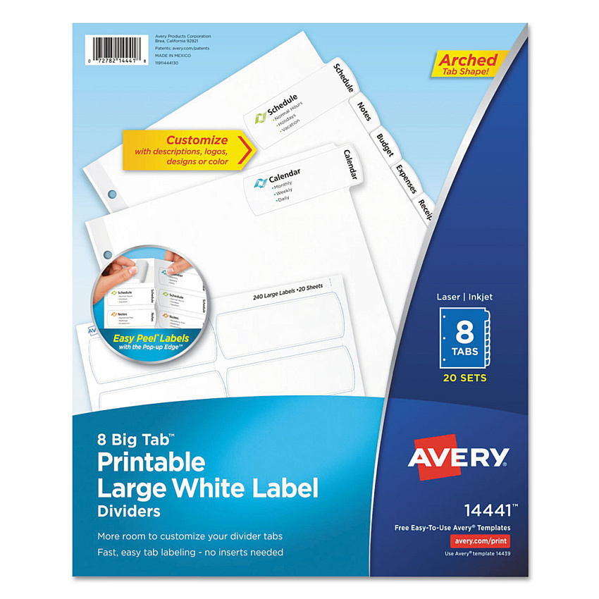 Avery Big Tab Printable Large White Label Tab Dividers, 8-Tab, 11 x 8.5, White, 20 Sets (14441)