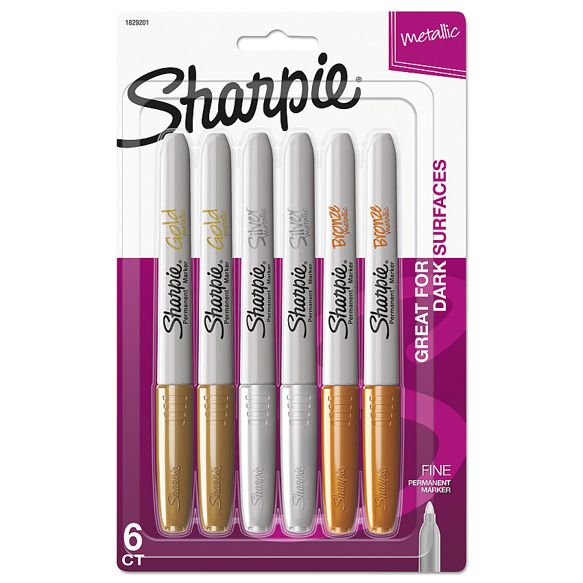 Sharpie Metallic Fine Point Permanent Markers, Fine Bullet Tip, Gold-Silver-Bronze, 6/Pack (1829201)