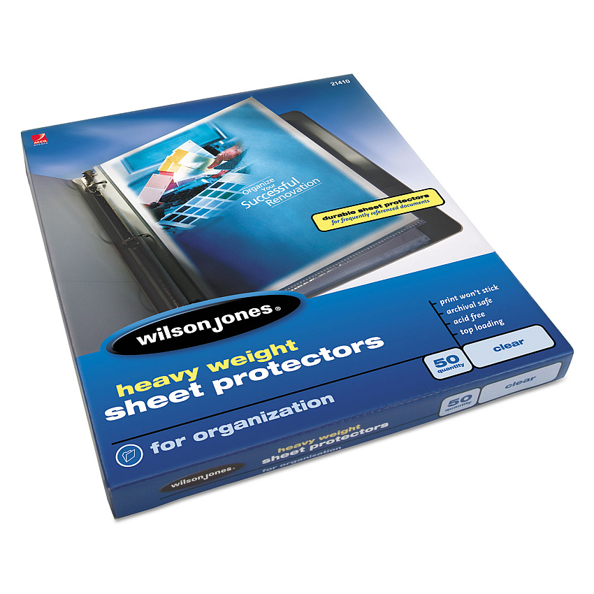 Wilson Jones Heavyweight Top-Loading Sheet Protectors, Letter, 50/Box 3.3 mil Thickness - For Letter 8 1/2" x 11" Sheet - Ring Binder - Rectangular - Clear - Polypropylene - 50 / Box (21410)