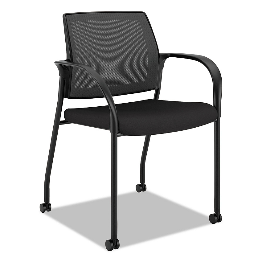 HON Ignition 2.0 4-Way Stretch Mesh Back Mobile Stacking Chair, Supports 300 lb, 18" Seat Height, Black Seat/Back, Black Base (IS107HIMCU10)