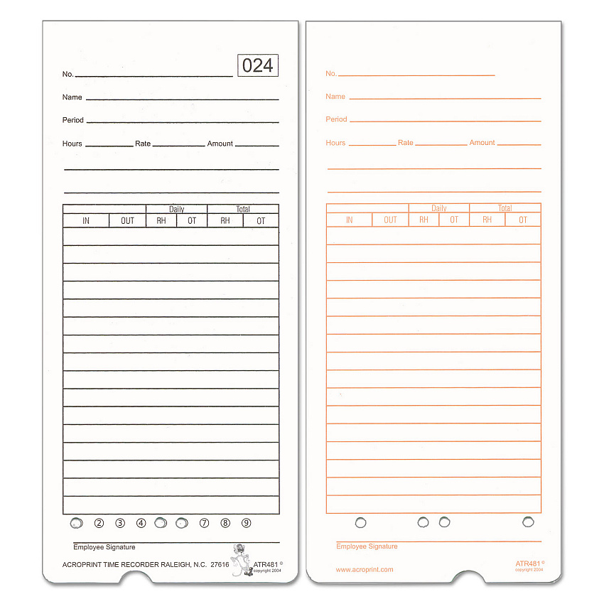 Time Clock Cards for Acroprint ATR480, Two Sides, 7.5 x 3.35, 50/Pack (099115000)