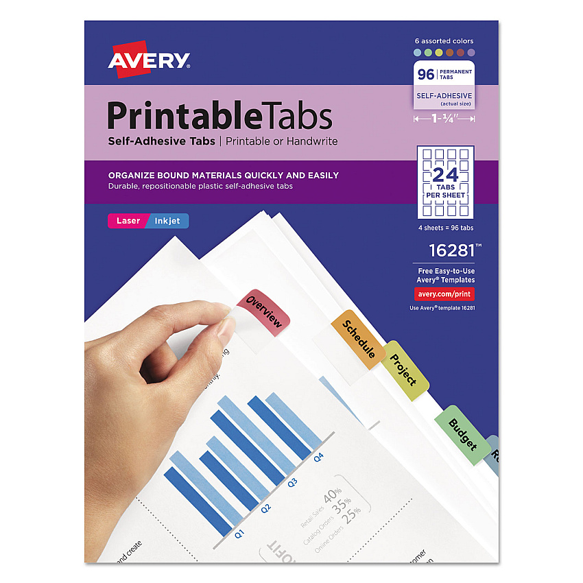 Avery Printable Plastic Tabs with Repositionable Adhesive, 1/5-Cut, Assorted Colors, 1.25" Wide, 96/Pack (16281)
