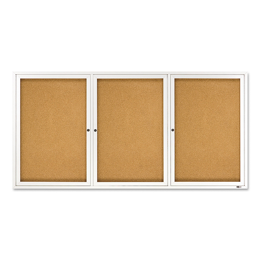Quartet Enclosed Indoor Cork Bulletin Board with Three Hinged Doors, 72 x 36, Tan Surface, Silver Aluminum Frame (2366)