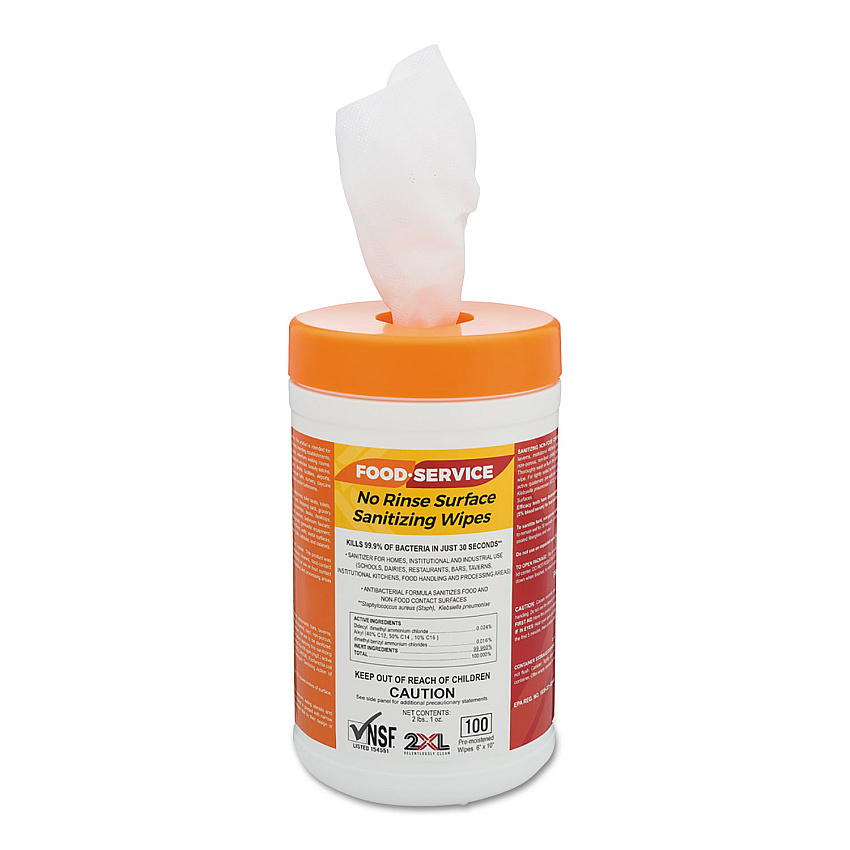 2XL Food Service No Rinse Surface Sanitizing Wipes, 1-Ply, 6 x 8, White, 100/Roll, 6 Rolls/Carton (447)