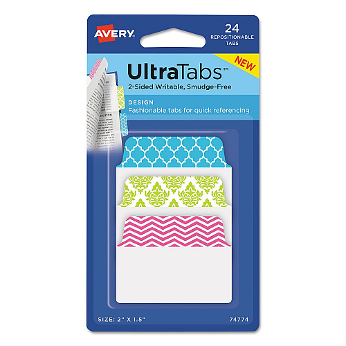 Avery Ultra Tabs Repositionable Tabs, Fashion Patterns: 2" x 1.5", 1/5-Cut, Assorted Colors, 24/Pack (74774)