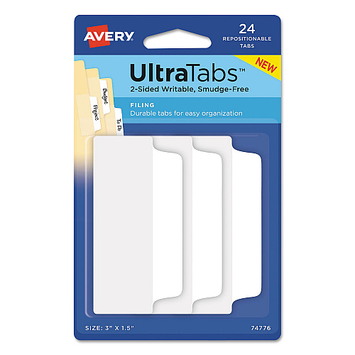 Avery Ultra Tabs Repositionable Tabs, Wide and Slim: 3" x 1.5", 1/3-Cut, White, 24/Pack (74776)