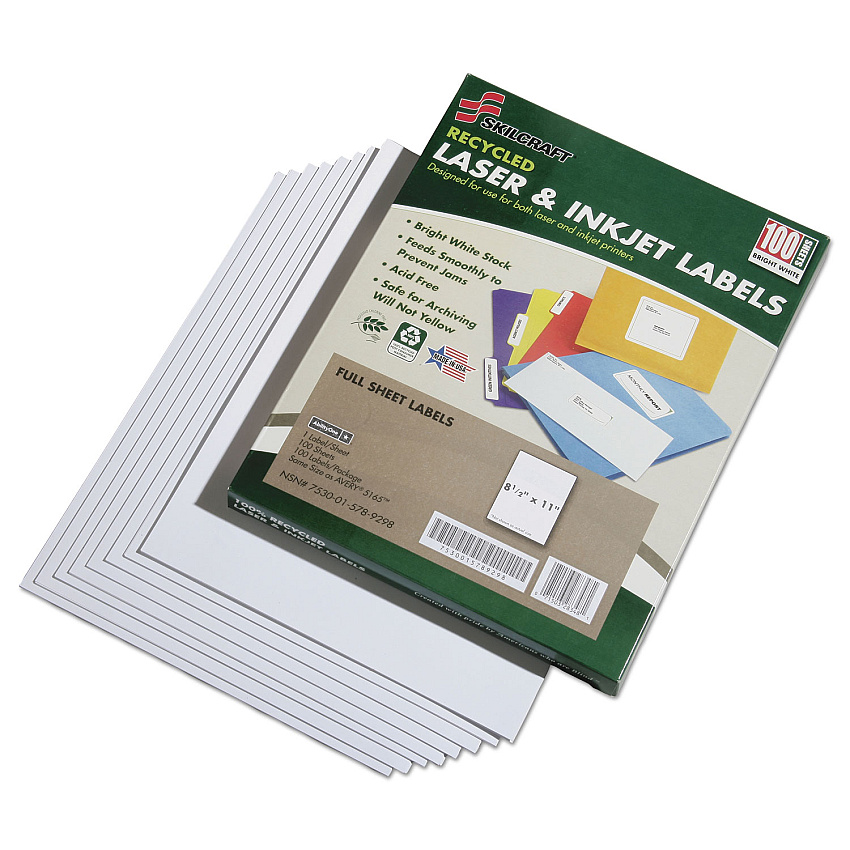 AbilityOne 7530015789298, SKILCRAFT Recycled Laser and Inkjet Labels, Inkjet/Laser Printers, 8.5 x 11, White, 100/Box
