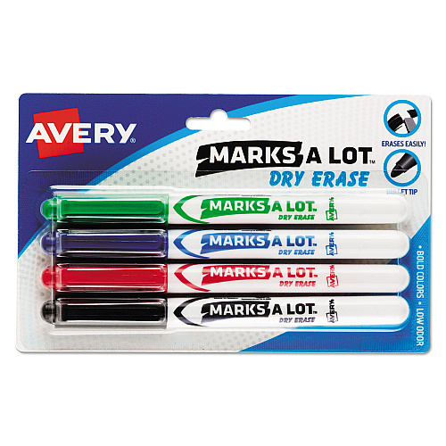 Avery MARKS A LOT Pen-Style Dry Erase Markers, Medium Bullet Tip, Assorted Colors, 4/Set (24459)