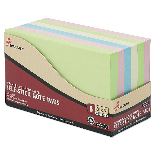AbilityOne 7530014560683, SKILCRAFT Self-Stick Note Pad Set, 3" x 5", Assorted Colors, 100 Sheets/Pad, 6 Pads/Pack