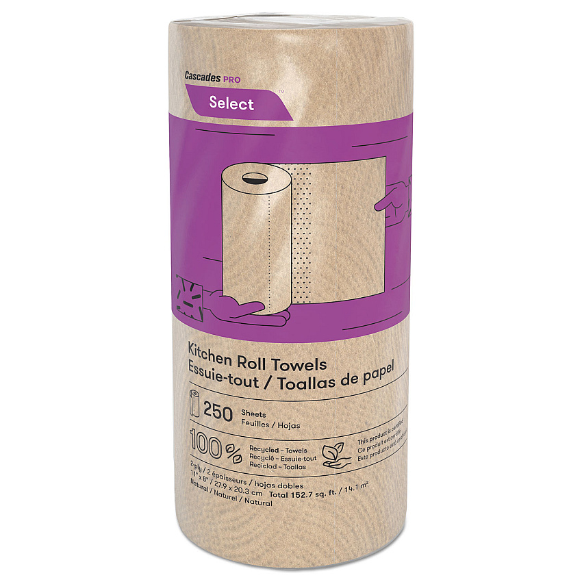 Cascades Select Kitchen Roll Towels, 2-Ply, 11" x 166.6 ft, Natural, 250/Roll, 12/Carton (K251)