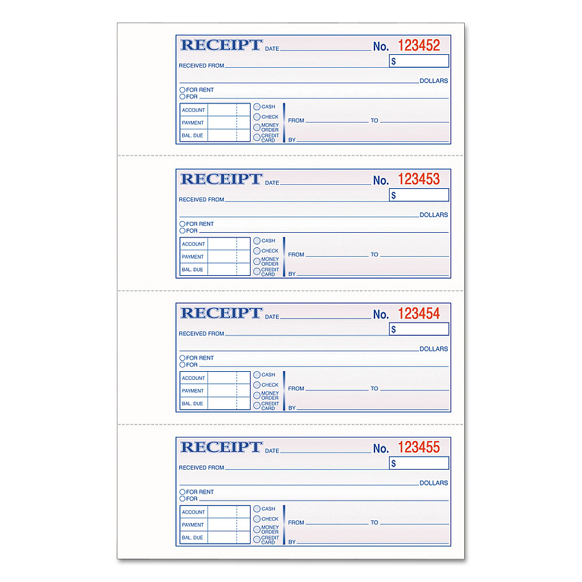 Adams TOPS 3-Part Hardbound Receipt Book, Three-Part Carbonless, 7 x 2.75, 4 Forms/Sheet, 200 Forms Total (TCH1185)