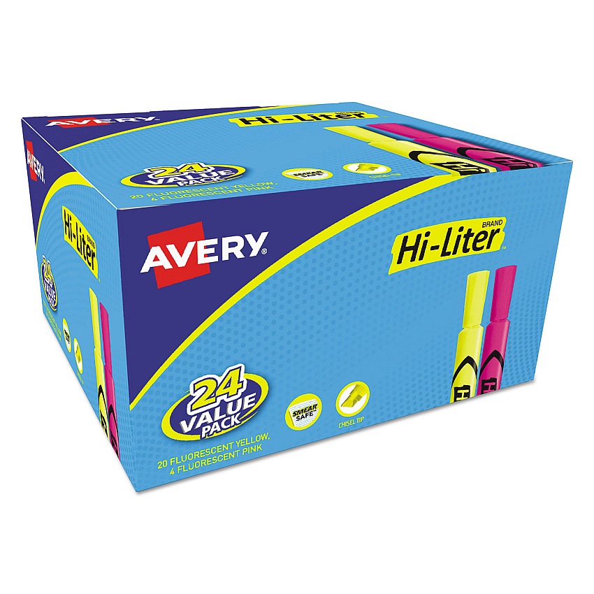 Avery HI-LITER Desk-Style Highlighter Value Pack, Assorted Ink Colors, Chisel Tip, Assorted Barrel Colors, 24/Pack (98189)