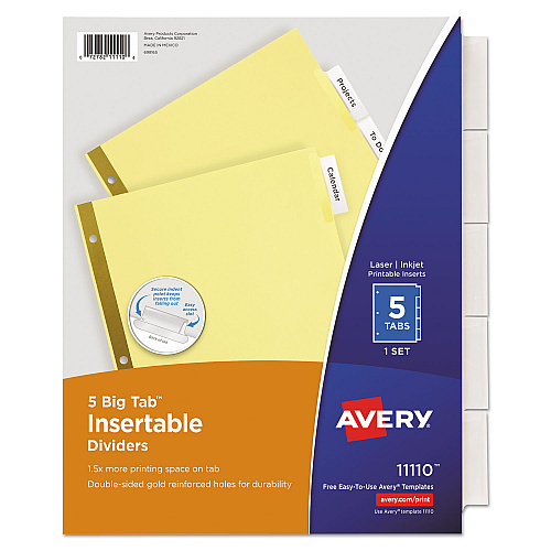Avery Insertable Big Tab Dividers, 5-Tab, Double-Sided Gold Edge Reinforcing, 11 x 8.5, Buff, Clear Tabs, 1 Set (11110)