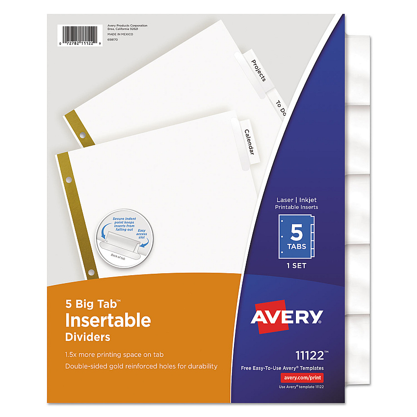 Avery Insertable Big Tab Dividers, 5-Tab, Double-Sided Gold Edge Reinforcing, 11 x 8.5, White, Clear Tabs, 1 Set (11122)