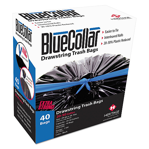 BlueCollar Drawstring Trash Bags, Drawstring, 30 gal, 1 mil, 30" x 34", Black, 40 Bags/Box, 6 Boxes/Carton (N6034YKRC1CT)