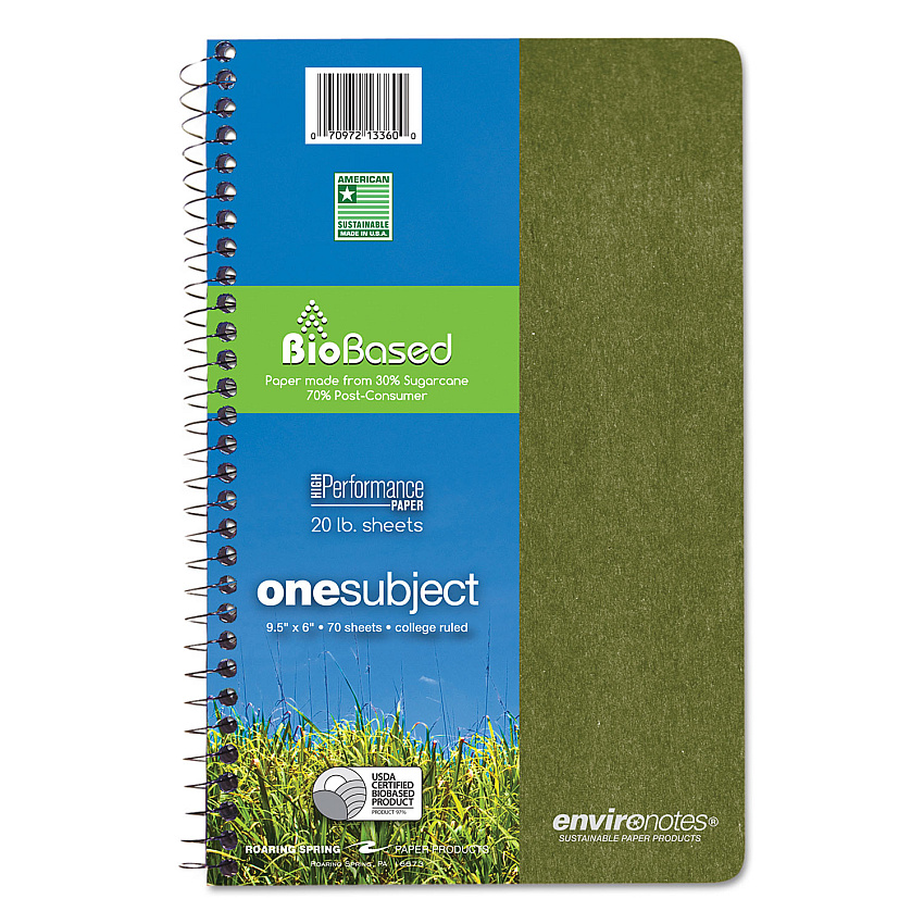 Roaring Spring Environotes BioBased Notebook, 1-Subject, Medium/College Rule, Randomly Assorted Earthtone Cover Color, (70) 9.5 x 6 Sheets (13360)