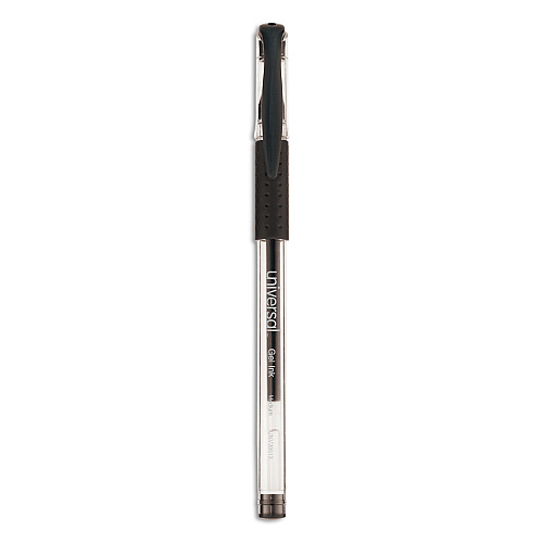 Universal Comfort Grip Gel Pen, Stick, Medium 0.7 mm, Black Ink, Clear/Black Barrel, 60/Pack (UNV39513)