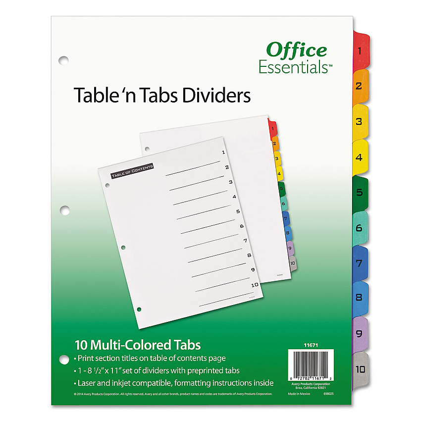 Office Essentials Table 'n Tabs Dividers, 10-Tab, 1 to 10, 11 x 8.5, White, Assorted Tabs, 1 Set (11671)
