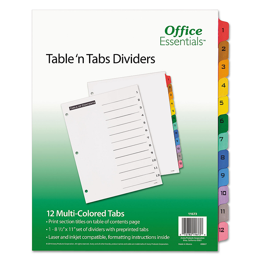Office Essentials Table 'n Tabs Dividers, 12-Tab, 1 to 12, 11 x 8.5, White, Assorted Tabs, 1 Set (11673)