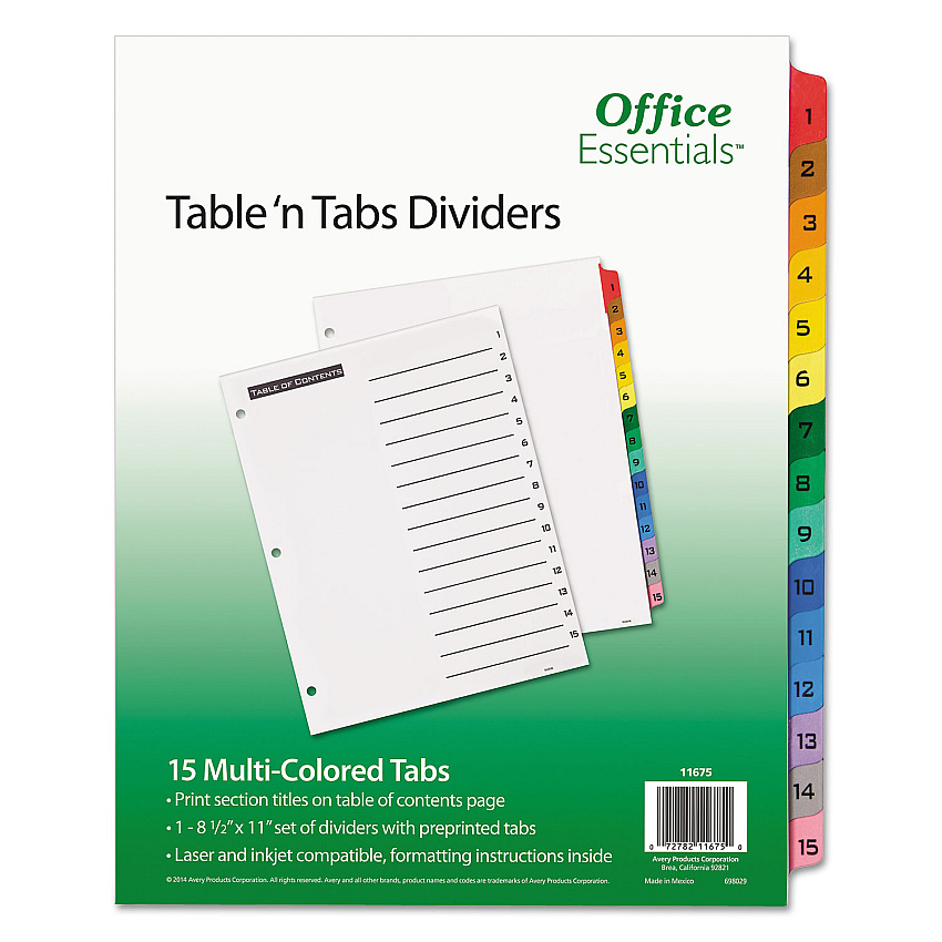 Office Essentials Table 'n Tabs Dividers, 15-Tab, 1 to 15, 11 x 8.5, White, Assorted Tabs, 1 Set (11675)