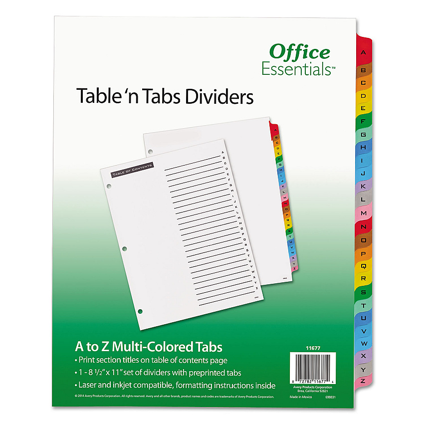 Office Essentials Table 'n Tabs Dividers, 26-Tab, A to Z, 11 x 8.5, White, Assorted Tabs, 1 Set (11677)