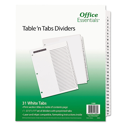 Office Essentials Table 'n Tabs Dividers, 31-Tab, 1 to 31, 11 x 8.5, White, White Tabs, 1 Set (11680)
