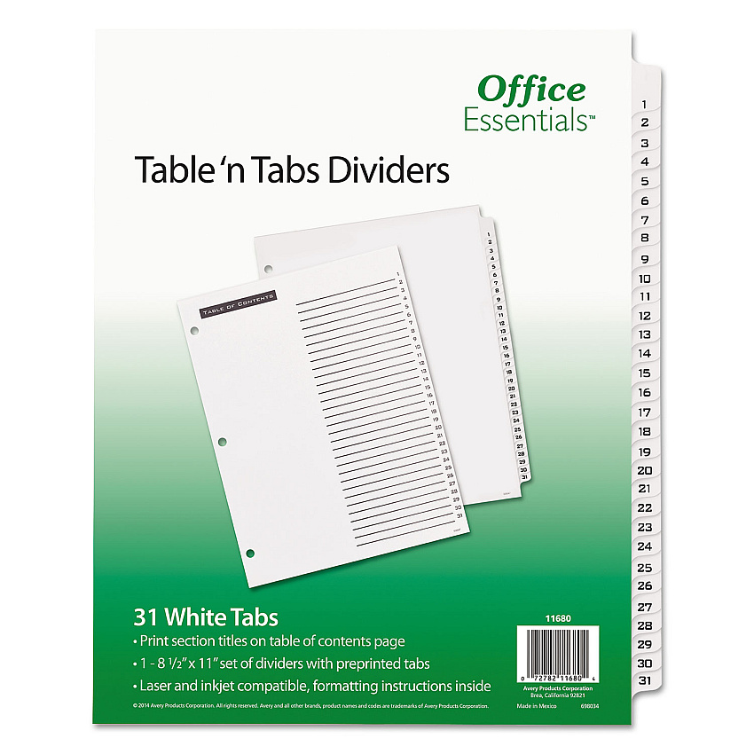 Office Essentials Table 'n Tabs Dividers, 31-Tab, 1 to 31, 11 x 8.5, White, White Tabs, 1 Set (11680)