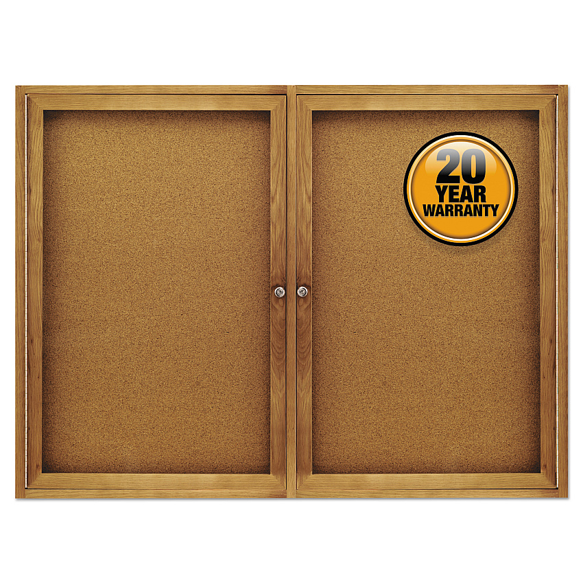 Quartet Enclosed Indoor Cork Bulletin Board with Two Hinged Doors, 48 x 36, Tan Surface, Oak Fiberboard Frame (364)