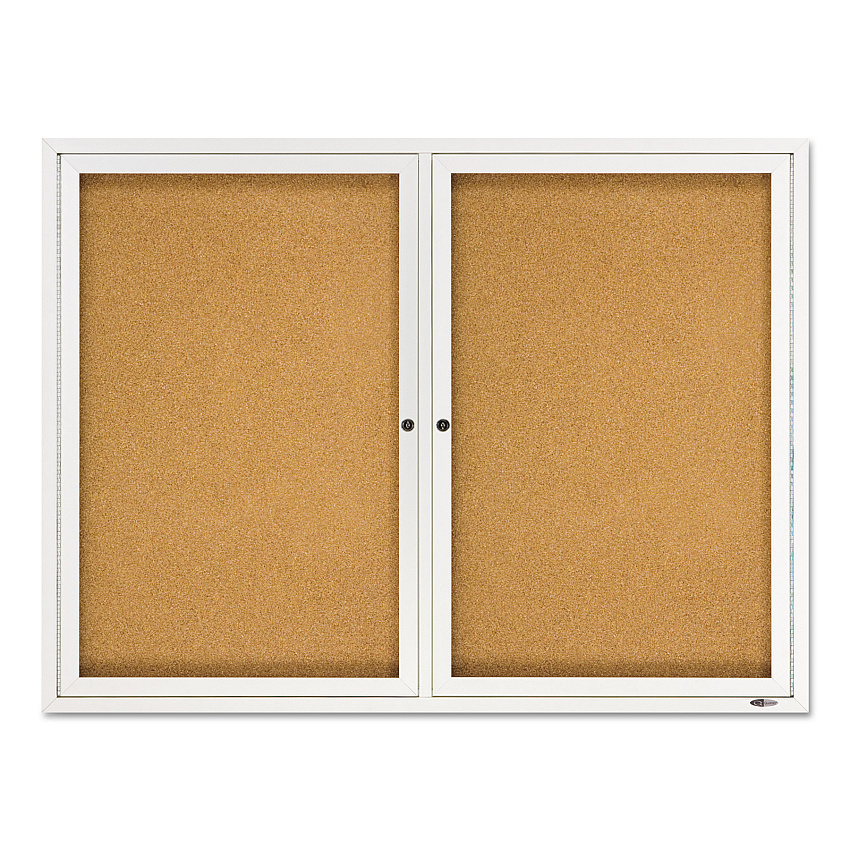 Quartet Enclosed Indoor Cork Bulletin Board with Two Hinged Doors, 48 x 36, Tan Surface, Silver Aluminum Frame (2364)