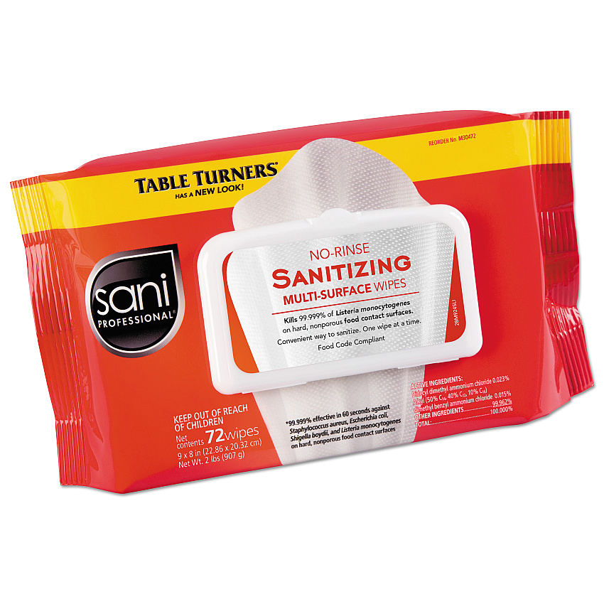 No-Rinse Sanitizing  Multi-Surface Wipes, 1-Ply, 8 x 9, Unscented, White, 72 Wipes/Pack, 12 Packs/Carton (M30472)