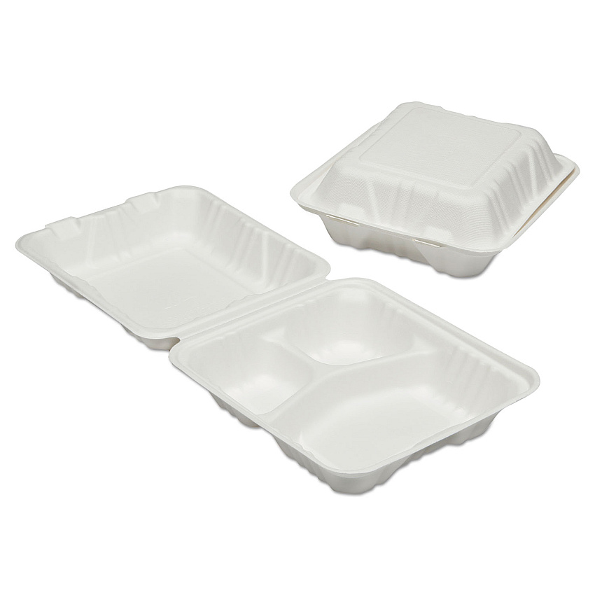 AbilityOne 7350016646909, SKILCRAFT Clamshell Hinged Lid ToGo Food Containers, 3 Compartment, 8 x 8 x 3, White, Paper, 200/Box (6646905)