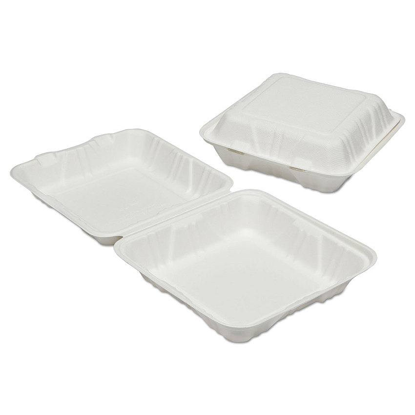 AbilityOne 7350016646907, SKILCRAFT Clamshell Hinged Lid ToGo Food Containers, 9 x 9 x 3, White, Paper, 200/Box