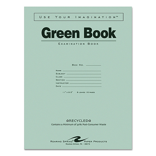 Roaring Spring Green Books Exam Books, Wide/Legal Rule, Green Cover, (8) 11 x 8.5 Sheets (77509)