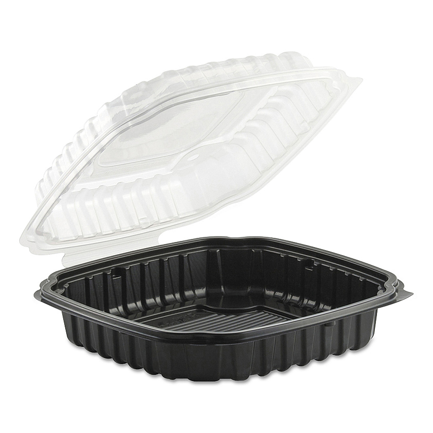 Anchor Packaging Culinary Basics Microwavable Container, 46.5 oz, 10.5 x 9.5 x 2.5, Clear/Black, Plastic, 100/Carton (4669111)