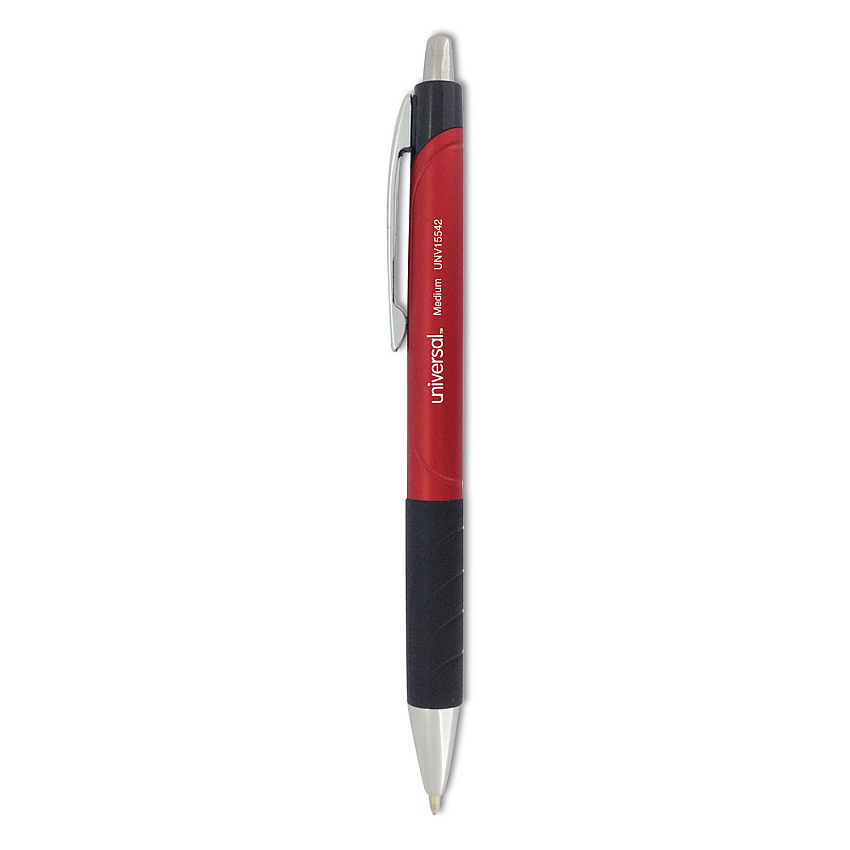 Universal Comfort Grip Ballpoint Pen, Retractable, Medium 1 mm, Red Ink, Red/Black Barrel, Dozen (UNV15542)