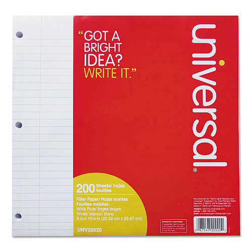 Universal Filler Paper, 3-Hole, 8 x 10.5, Wide/Legal Rule, 200/Pack (UNV20920)