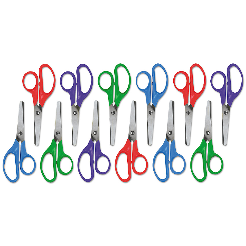 Universal Kids' Scissors, Rounded Tip, 5" Long, 1.75" Cut Length, Straight Assorted Color Handles, 12/Pack (UNV92023)