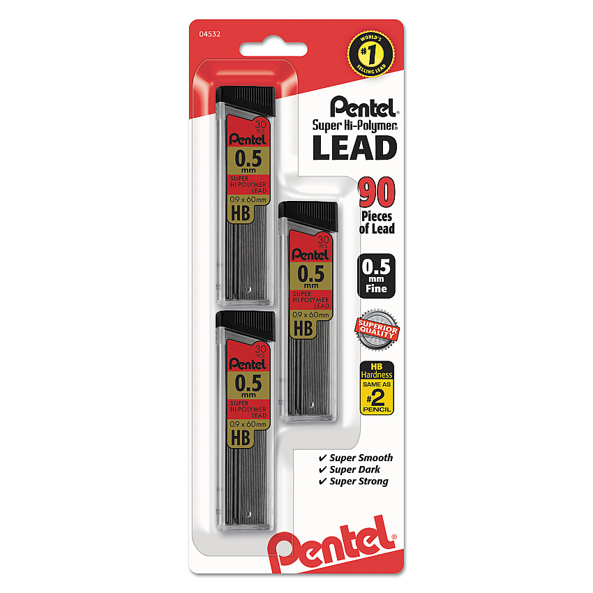 Pentel Super Hi-Polymer Lead Refills, 0.5 mm, HB, Black, 30/Tube, 3 Tubes/Pack (C25BPHB3K6)