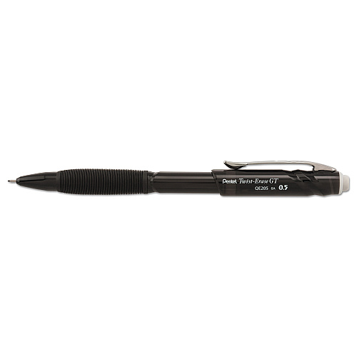 Pentel Twist-Erase GT Pencils, 0.5 mm, HB (#2), Black Lead, Black Barrel (QE205A)