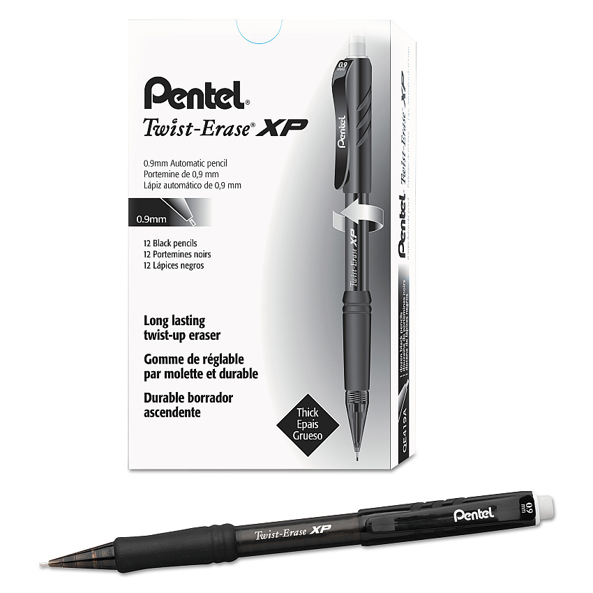 Pentel Twist-Erase EXPRESS Mechanical Pencil, 0.9 mm, HB (#2), Black Lead, Black Barrel, Dozen (QE419A)