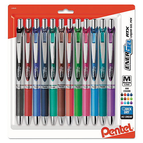 Pentel EnerGel RTX Gel Pen, Retractable, Medium 0.7 mm, Assorted Ink and Barrel Colors, Dozen (BL77BP12M)