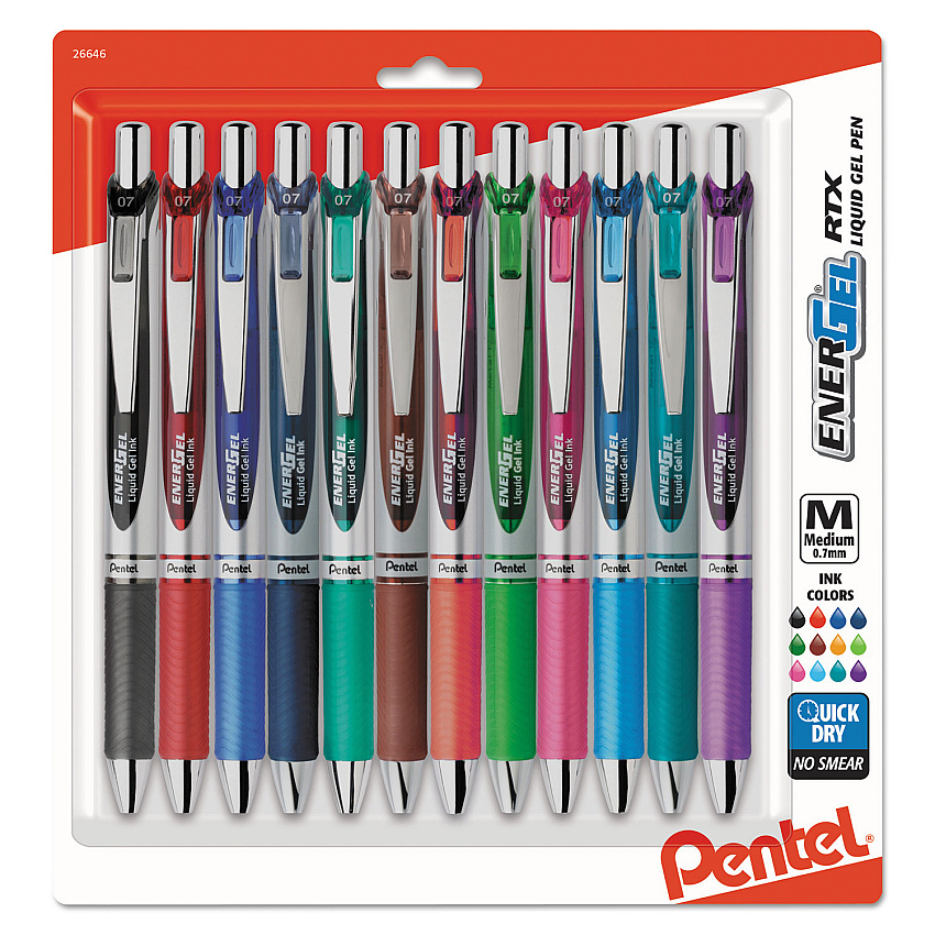 Pentel EnerGel RTX Gel Pen, Retractable, Medium 0.7 mm, Assorted Ink and Barrel Colors, Dozen (BL77BP12M)