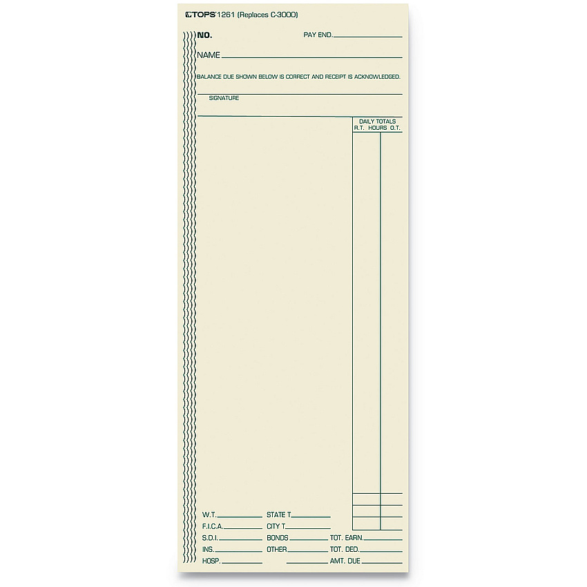 TOPS Time Clock Cards, Replacement for ATR206/C3000/M-154, One Side, 3.38 x 8.25, 500/Box (1261)
