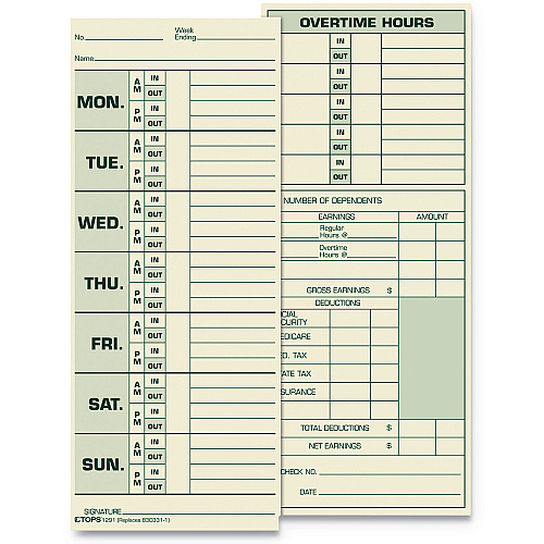 TOPS Time Clock Cards, Replacement for 331-10, Two Sides, 3.5 x 8.5, 500/Box (1291)