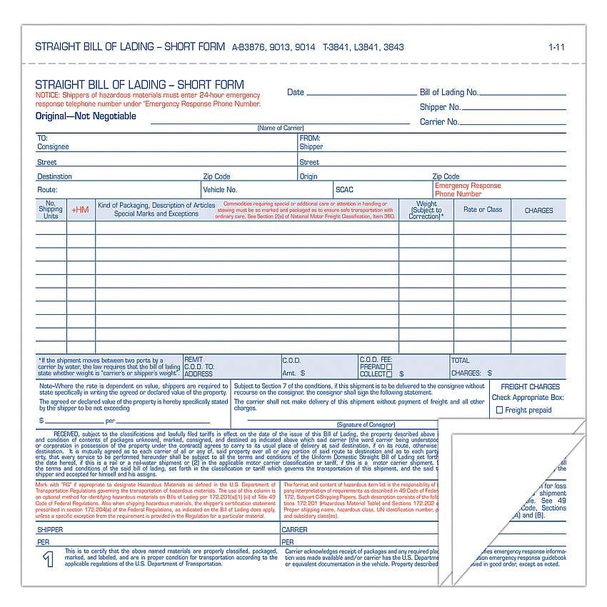 TOPS Hazardous Material Short Form, Three-Part Carbonless, 7 x 8.5, 250 Forms Total (L3841)