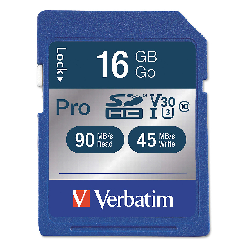 Verbatim 16GB Pro 600X SDHC Memory Card, UHS-I V30 U3 Class 10 90 MB/s Read - 45 MB/s Write - 600x Memory Speed - Lifetime Warranty (98046)