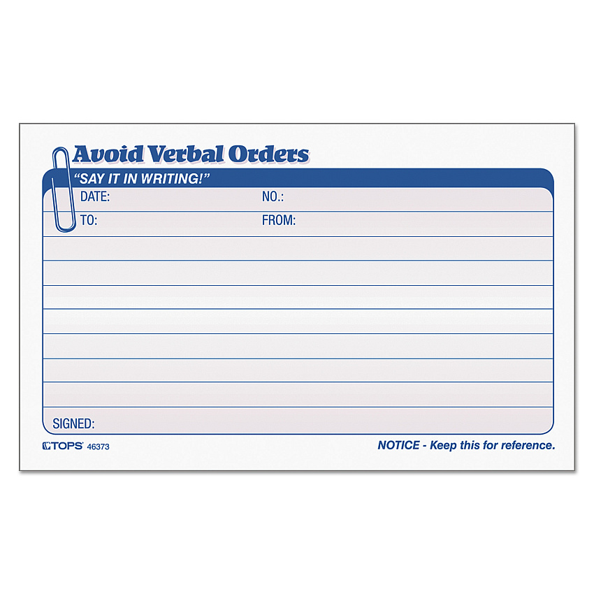 TOPS Avoid Verbal Orders Manifold Book, Two-Part Carbonless, 6.25 x 4.25, 50 Forms Total (46373)