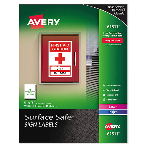 Avery Surface Safe Removable Label Safety Signs, Inkjet/Laser Printers, 5 x 7, White, 2/Sheet, 15 Sheets/Pack (61511)