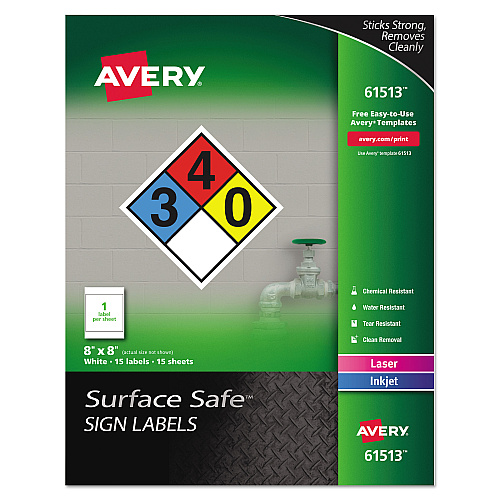 Avery Surface Safe Removable Label Safety Signs, Inkjet/Laser Printers, 8 x 8, White, 15/Pack (61513)